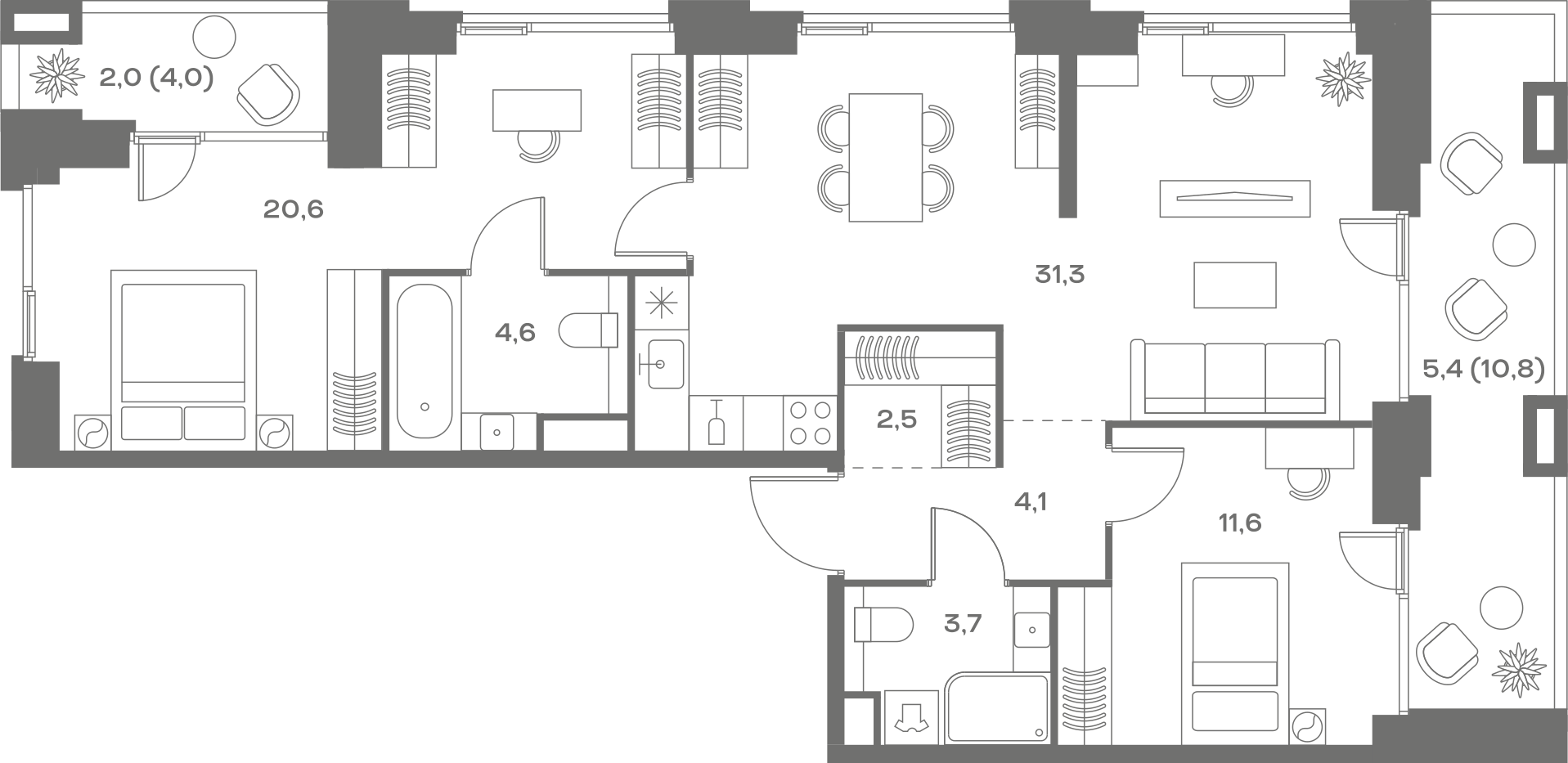 Планировка: 2-комнатная, 85,8 м²