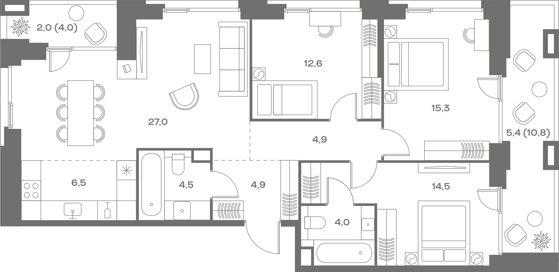 Планировка: 3-комнатная, 101,6 м²