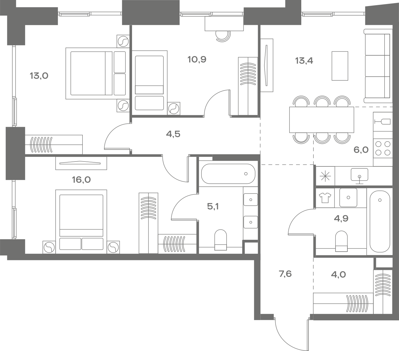 Планировка: 3-комнатная, 85,4 м²