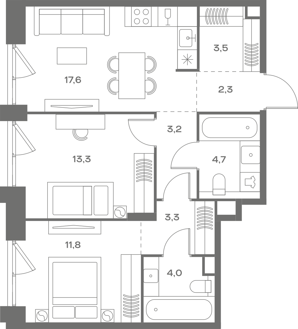 Планировка: 2-комнатная, 63,7 м²