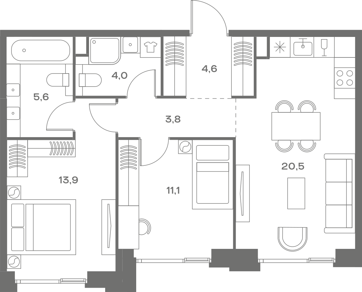 Планировка: 2-комнатная, 63,5 м²