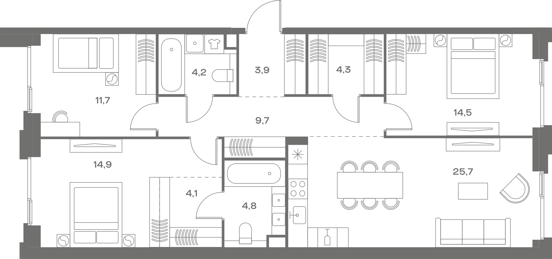 Планировка: 3-комнатная, 97,8 м²