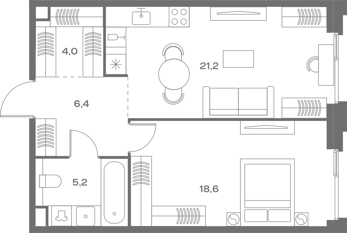 Планировка: 1-комнатная, 55,4 м²