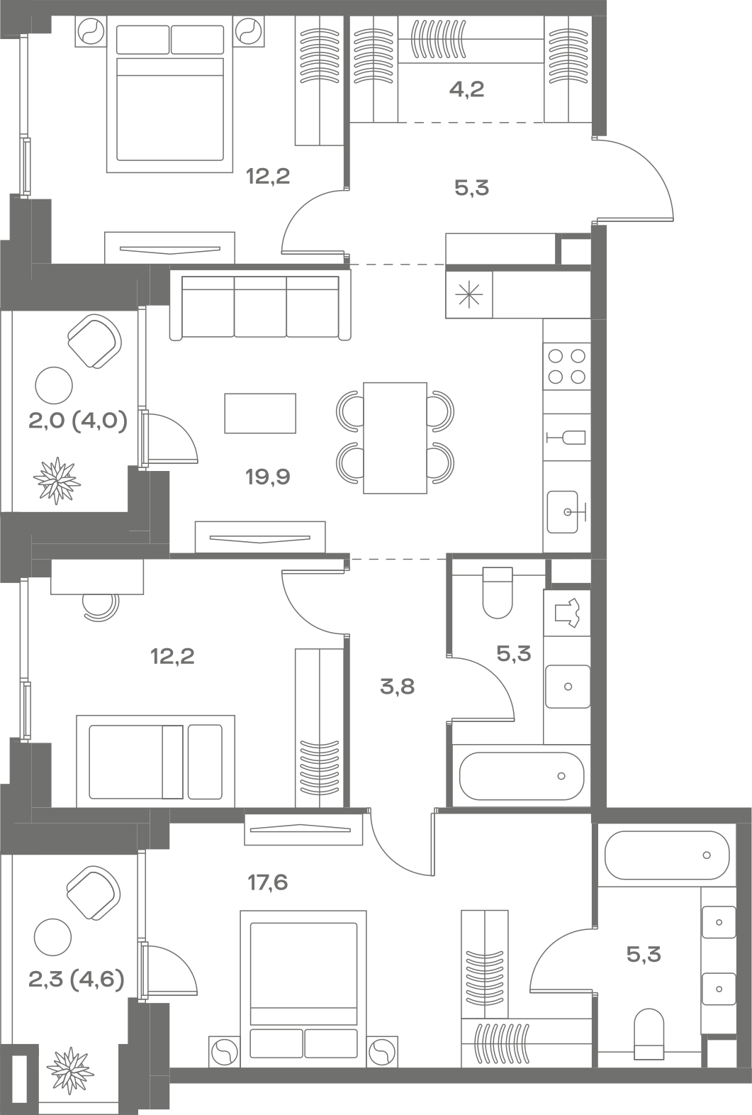 Планировка: 3-комнатная, 90,1 м²
