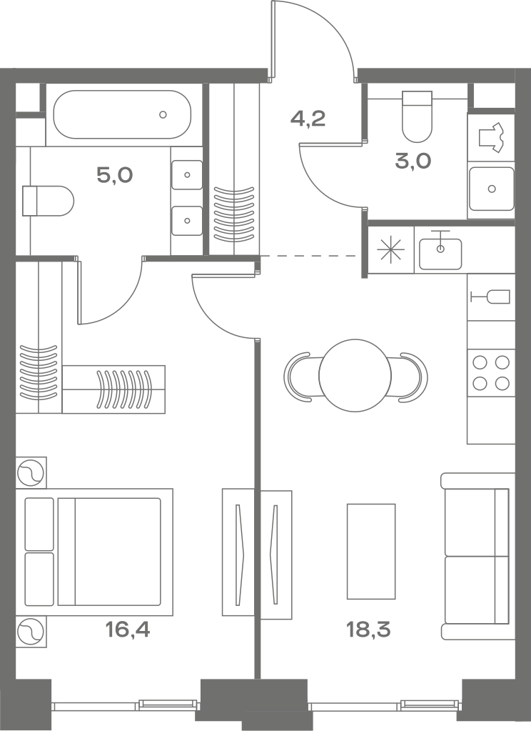 Планировка: 1-комнатная, 46,9 м²