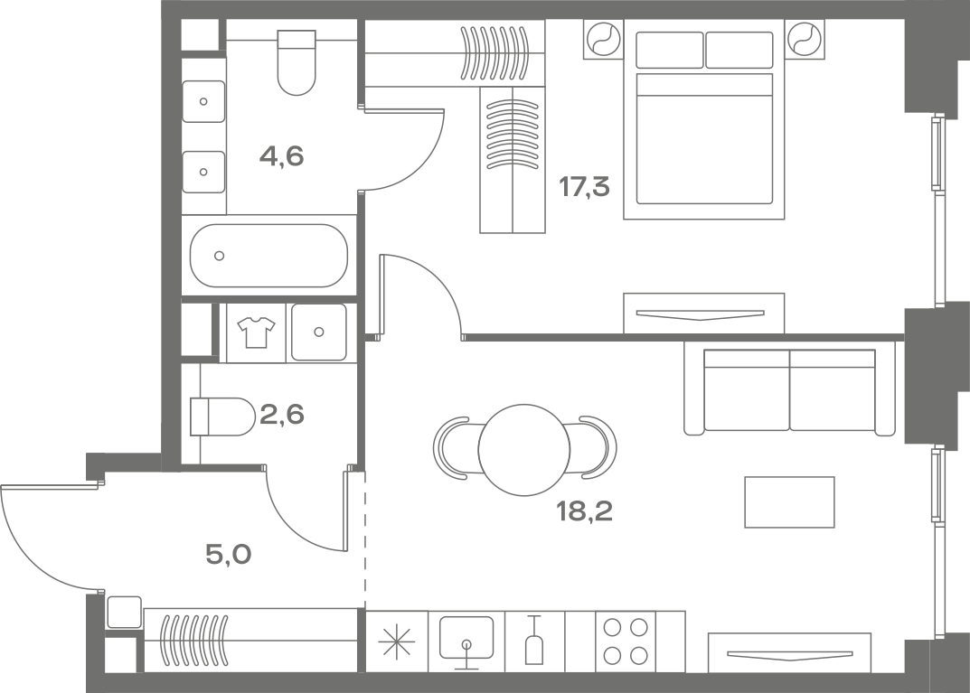 Планировка: 1-комнатная, 47,7 м²