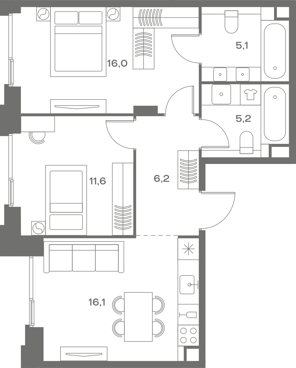 Планировка: 2-комнатная, 60,2 м²