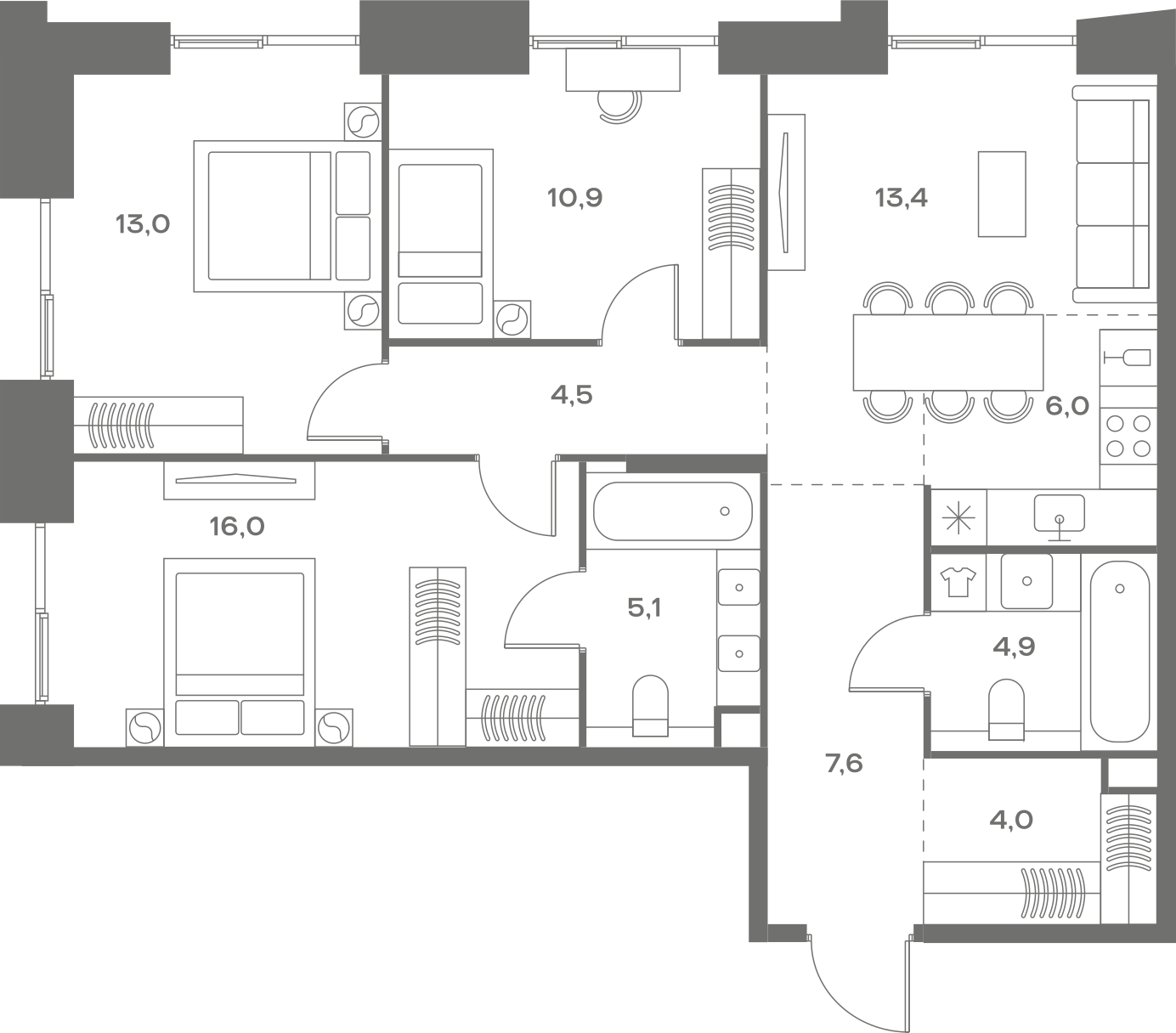 Планировка: 3-комнатная, 85,4 м²