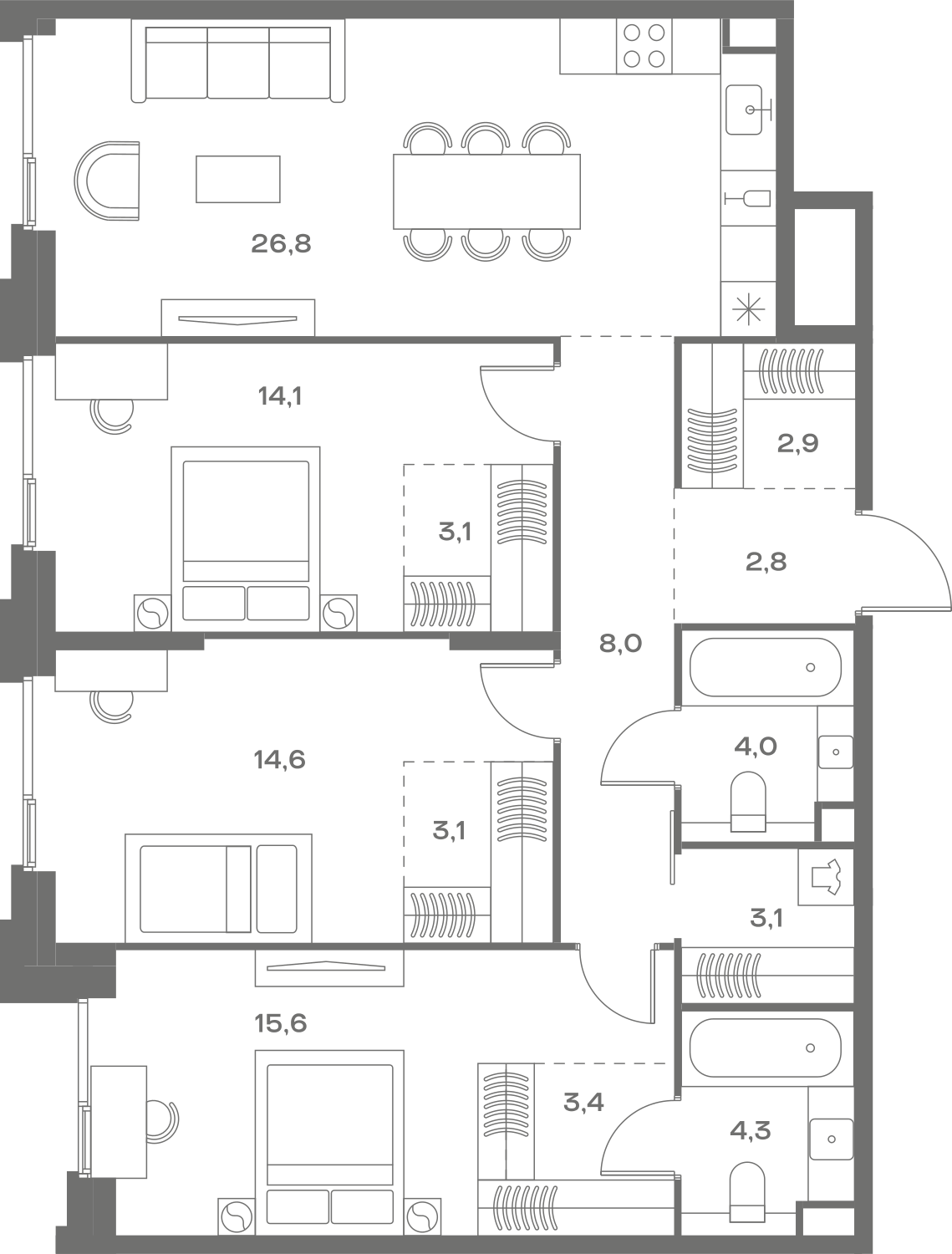Планировка: 3-комнатная, 105,8 м²
