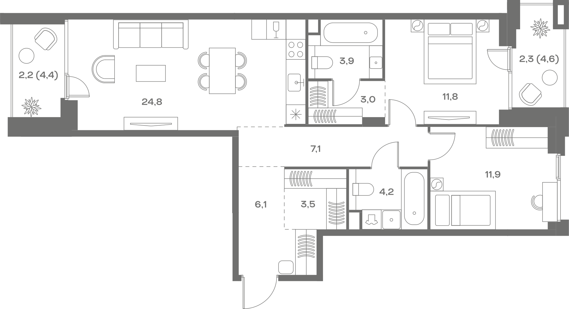 Планировка: 2-комнатная, 80,8 м²