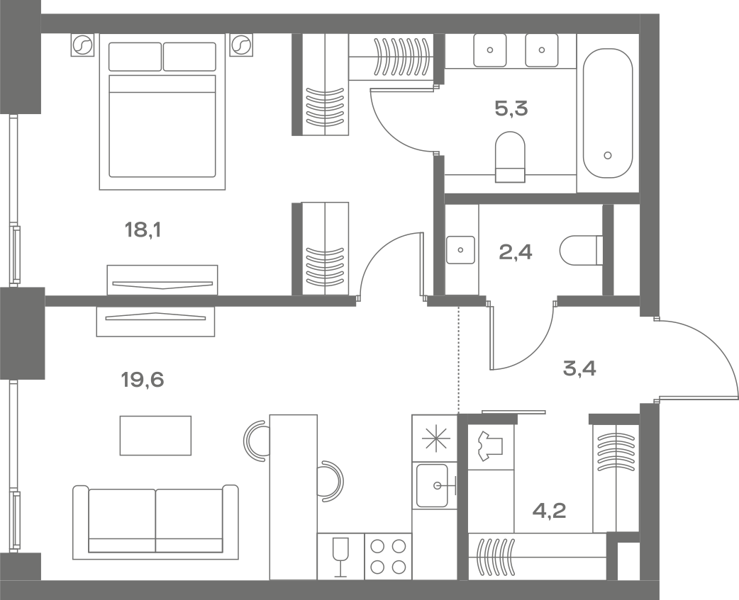 Планировка: 1-комнатная, 53 м²