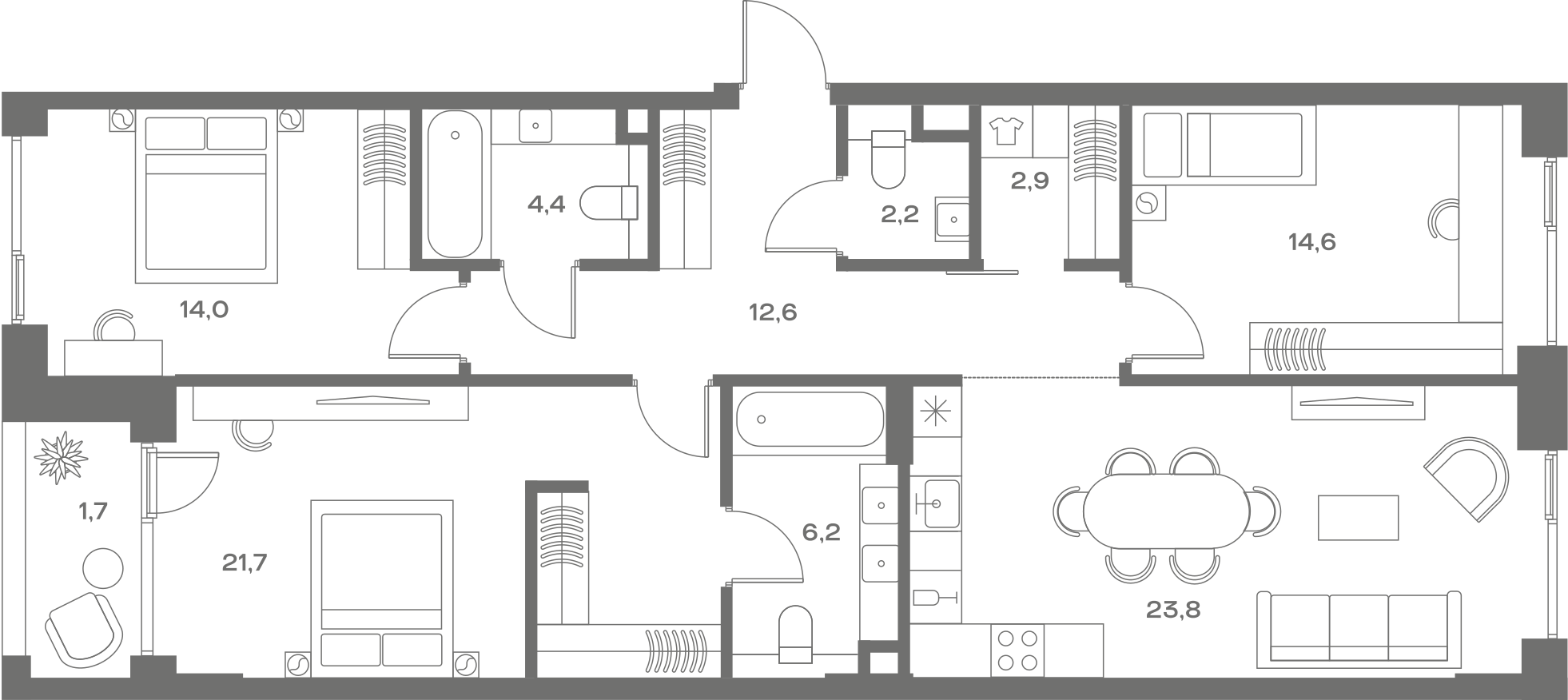Планировка: 3-комнатная, 104,1 м²