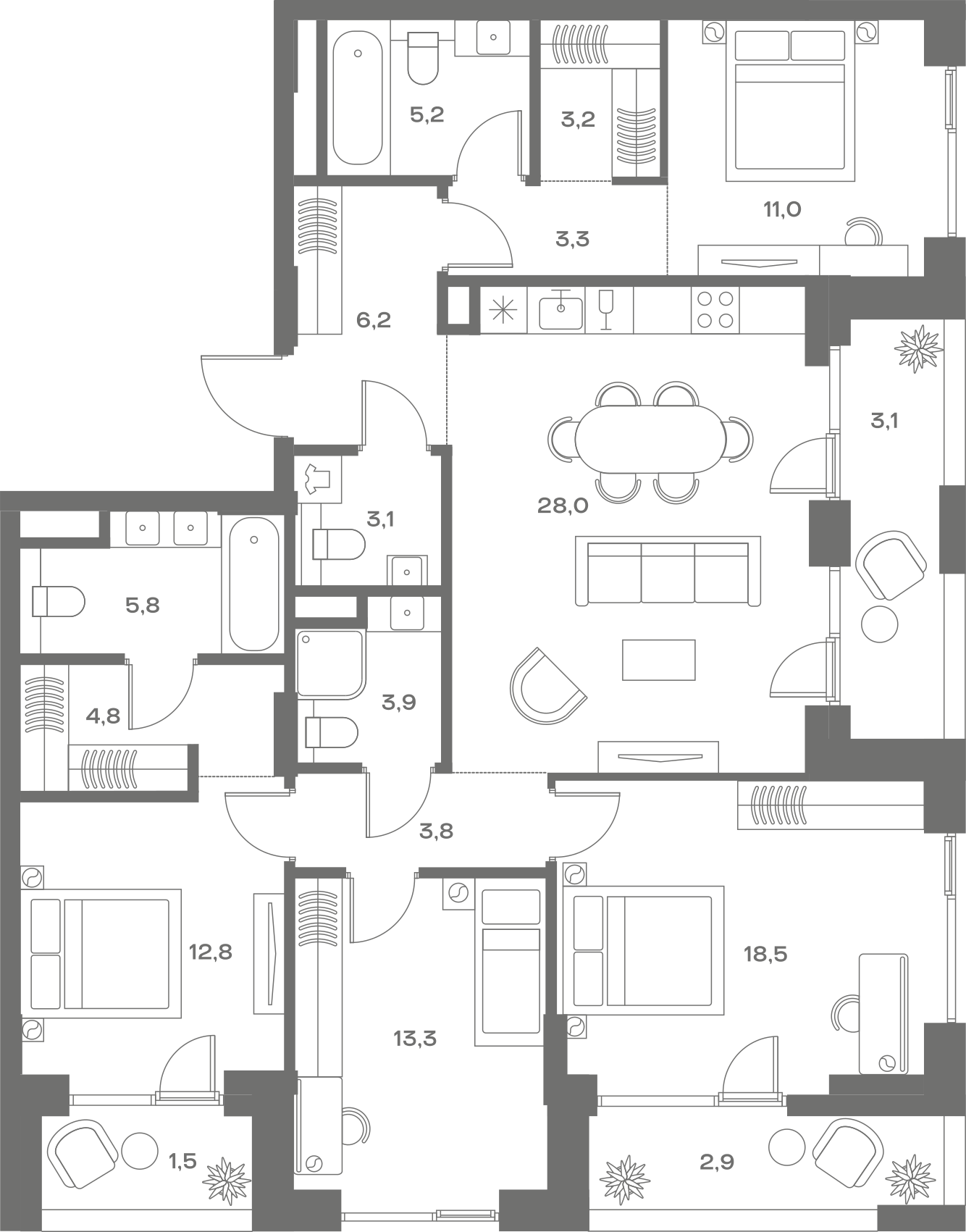 Планировка: 4-комнатная, 130,4 м²