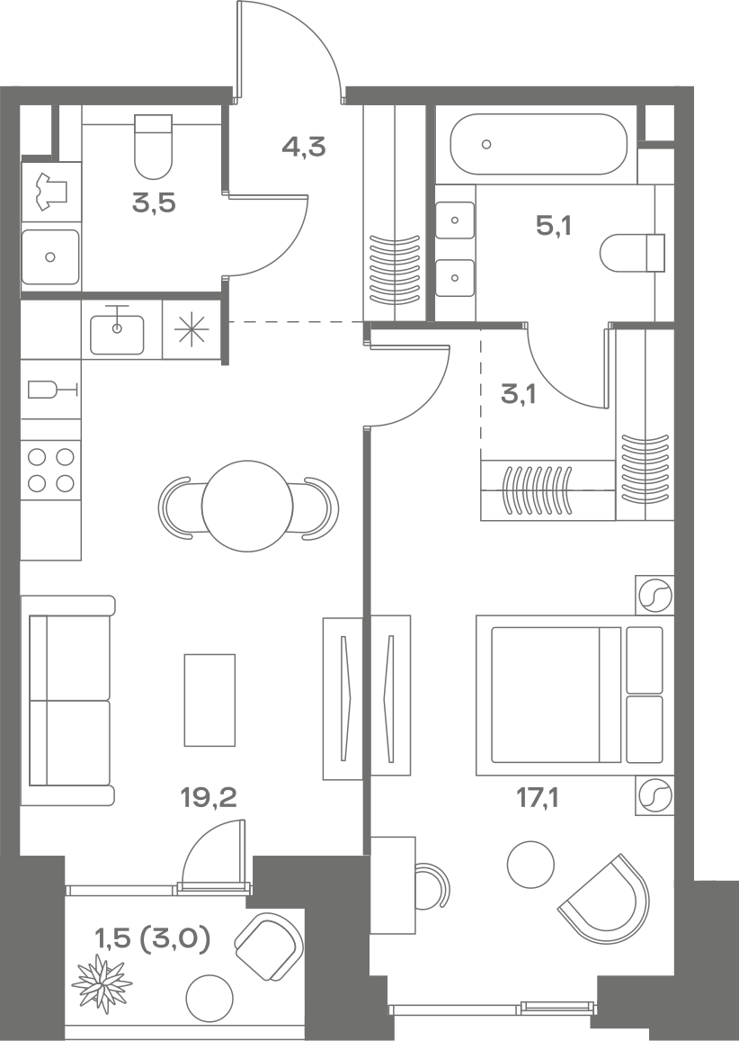 Планировка: 1-комнатная, 53,8 м²