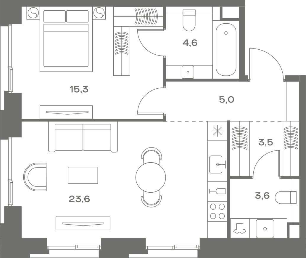 Планировка: 1-комнатная, 55,6 м²