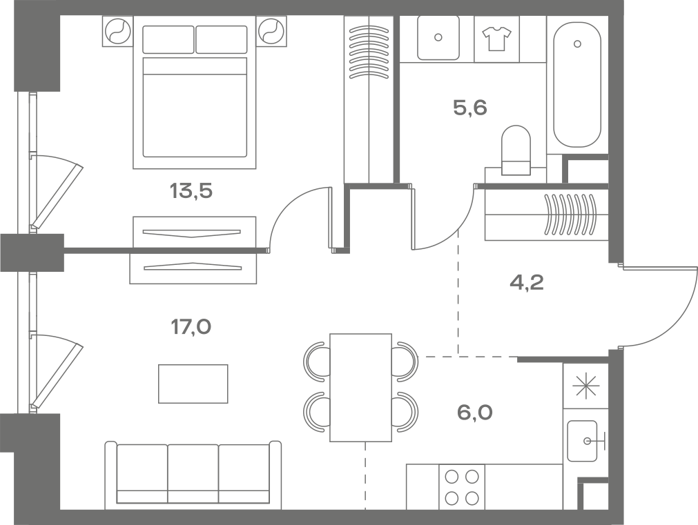 Планировка: 1-комнатная, 46,3 м²