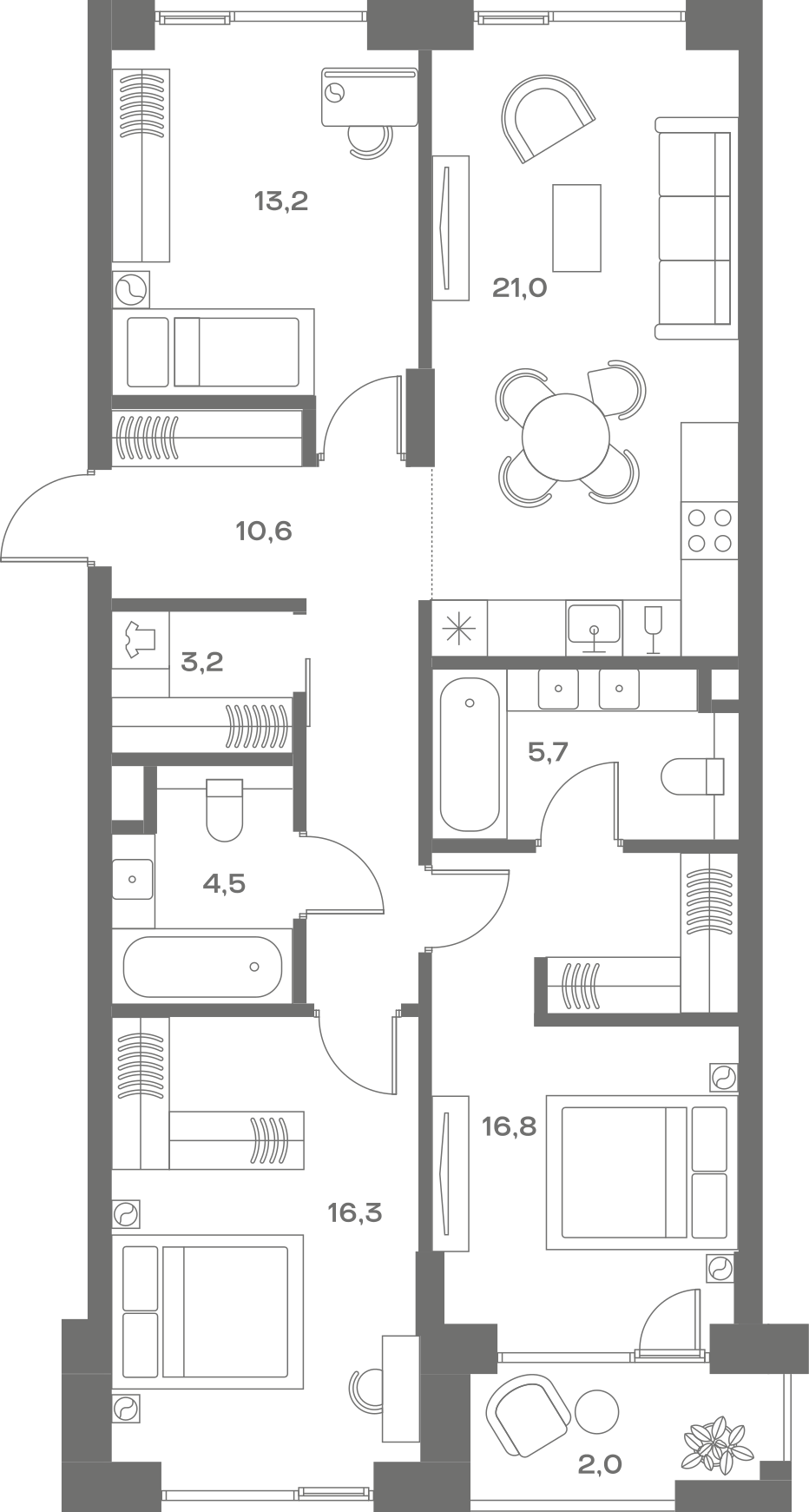Планировка: 3-комнатная, 93,3 м²