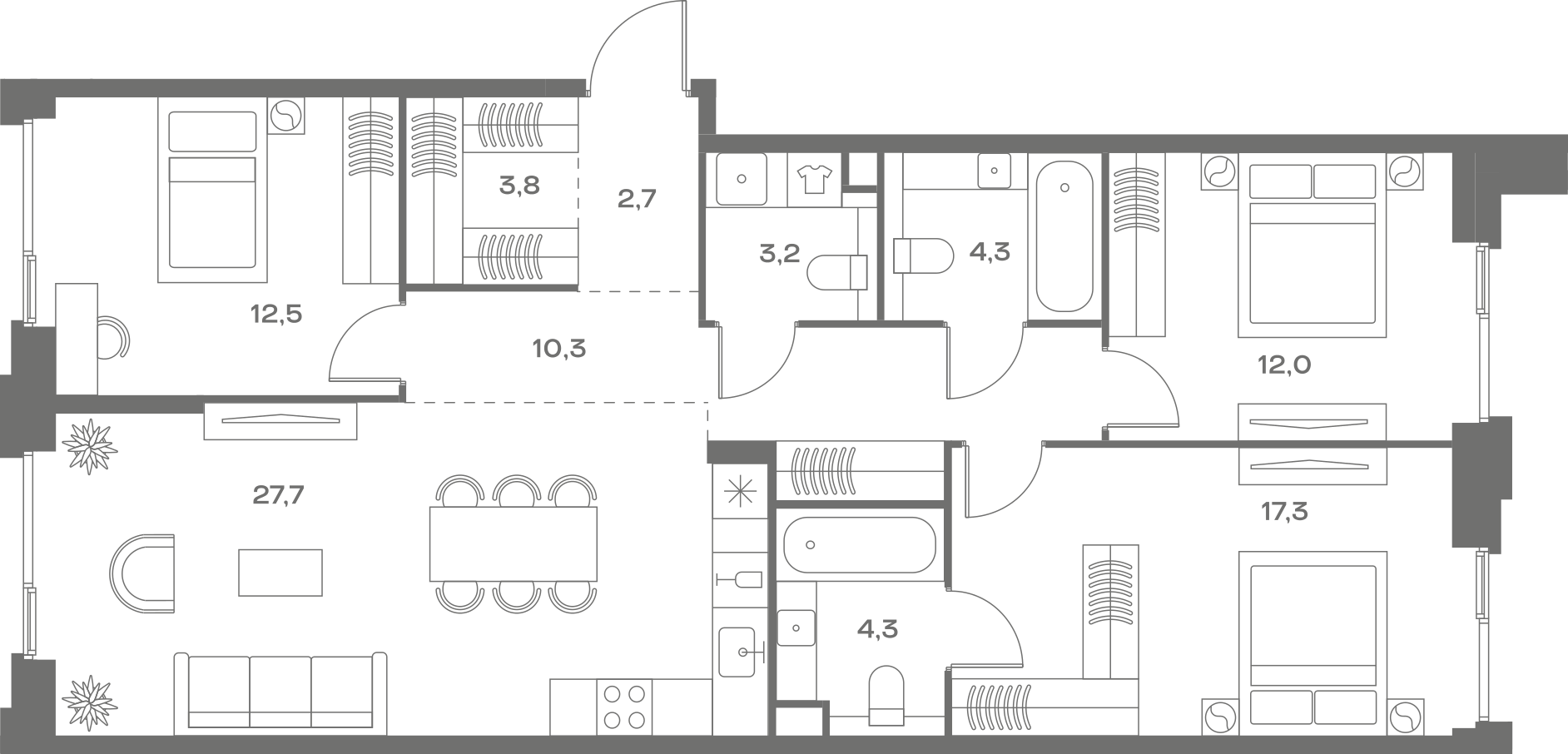 Планировка: 3-комнатная, 98,1 м²