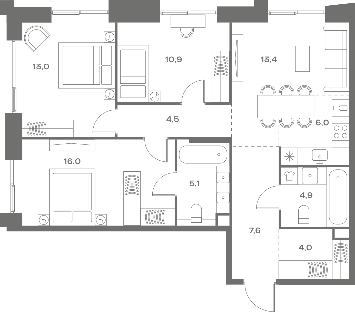Планировка: 3-комнатная, 85,4 м²