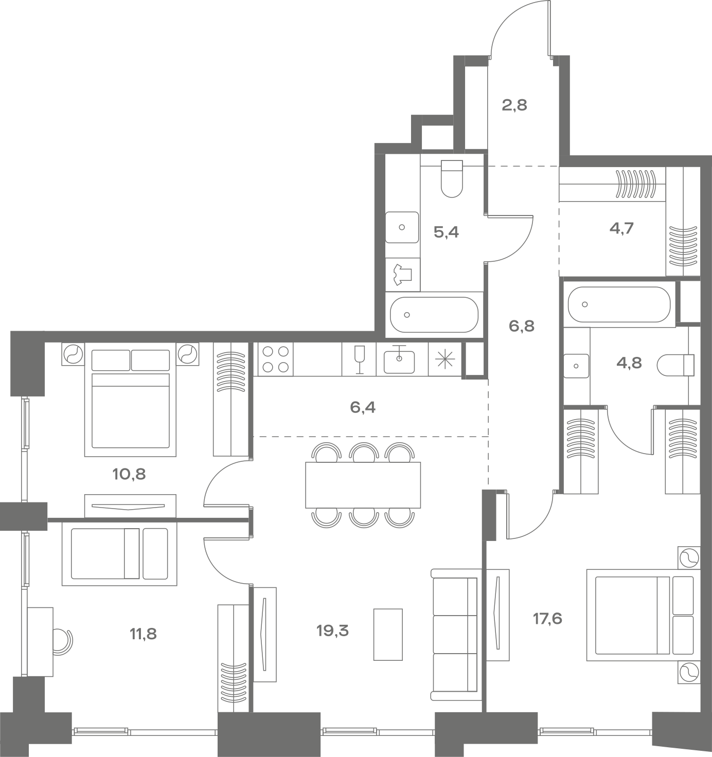 Планировка: 3-комнатная, 90,4 м²