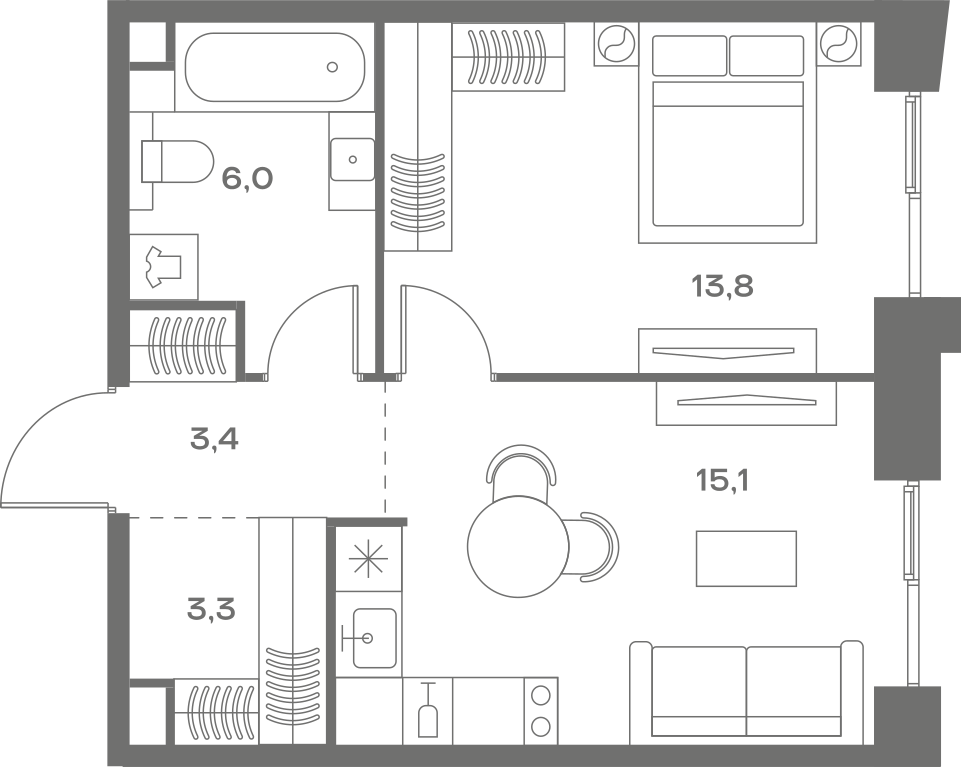 Планировка: 1-комнатная, 41,6 м²
