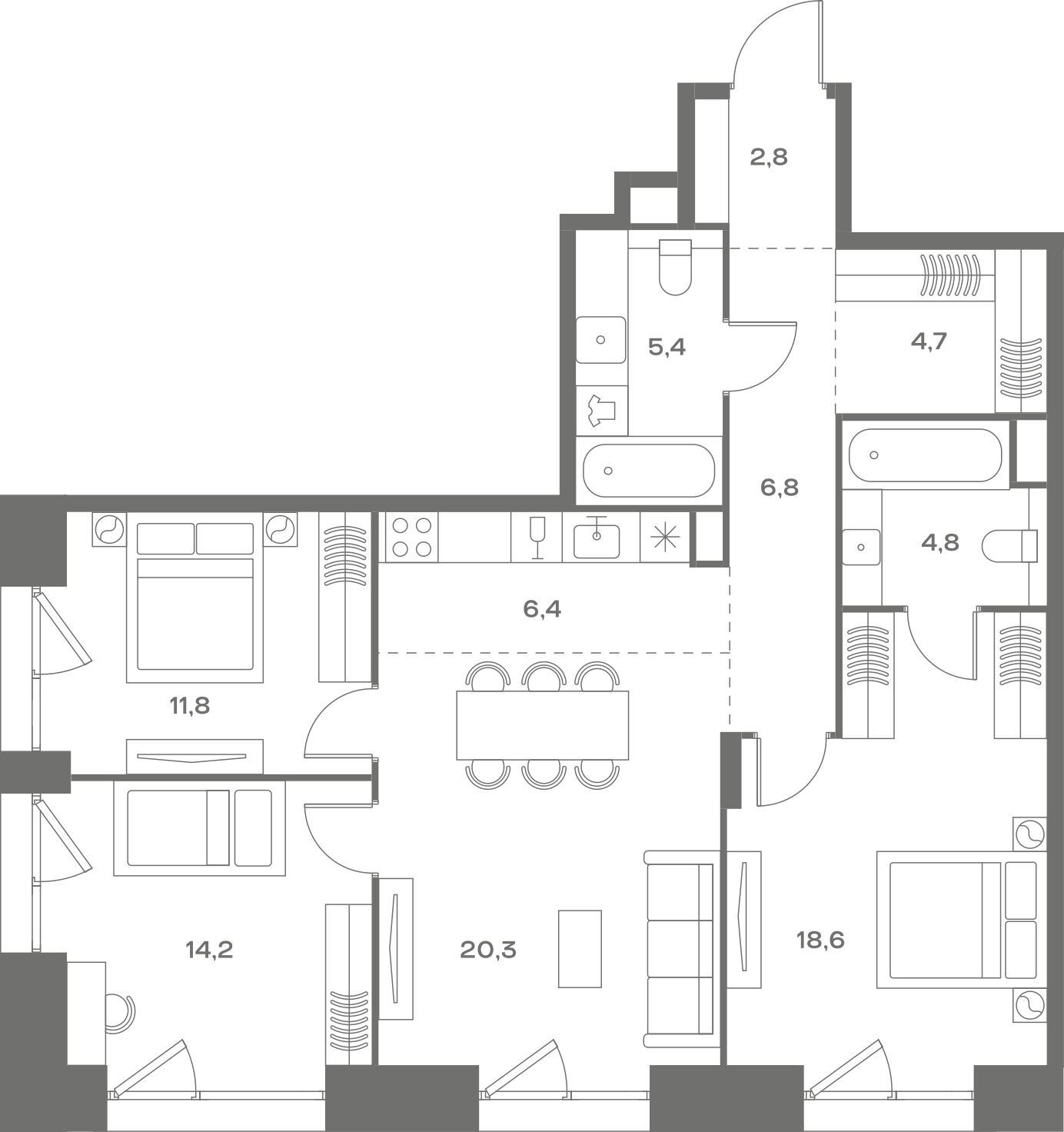 Планировка: 3-комнатная, 95,8 м²