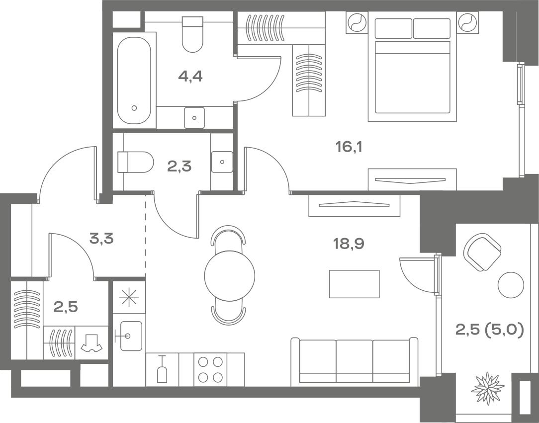 Планировка: 1-комнатная, 50 м²
