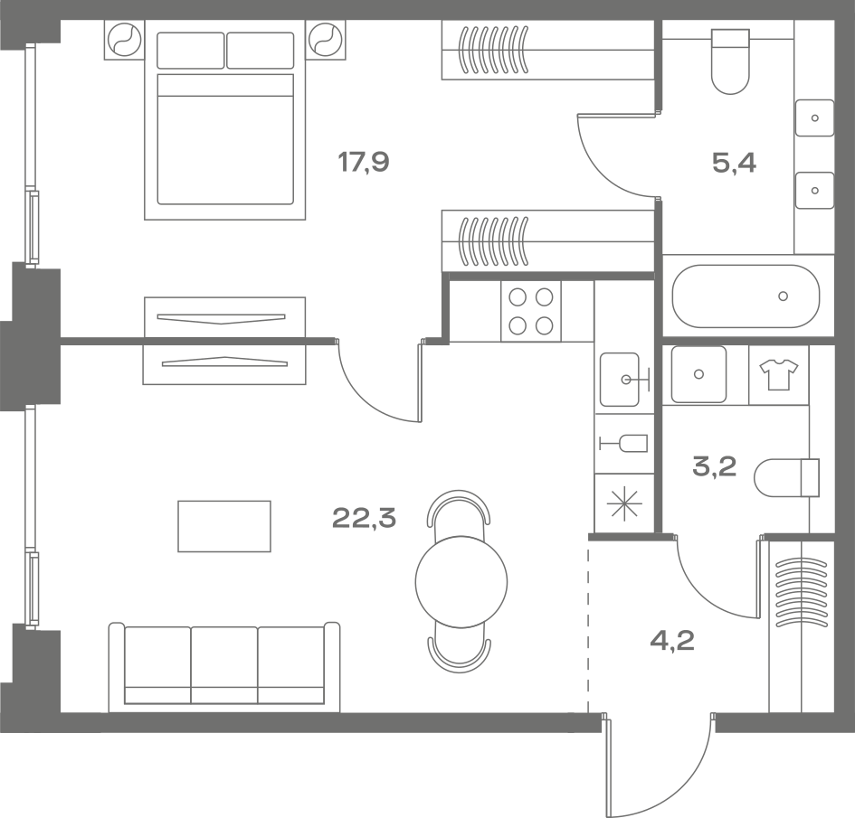 Планировка: 1-комнатная, 53 м²
