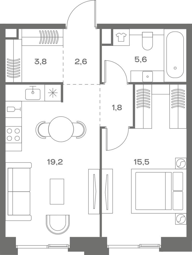 Планировка: 1-комнатная, 48,5 м²