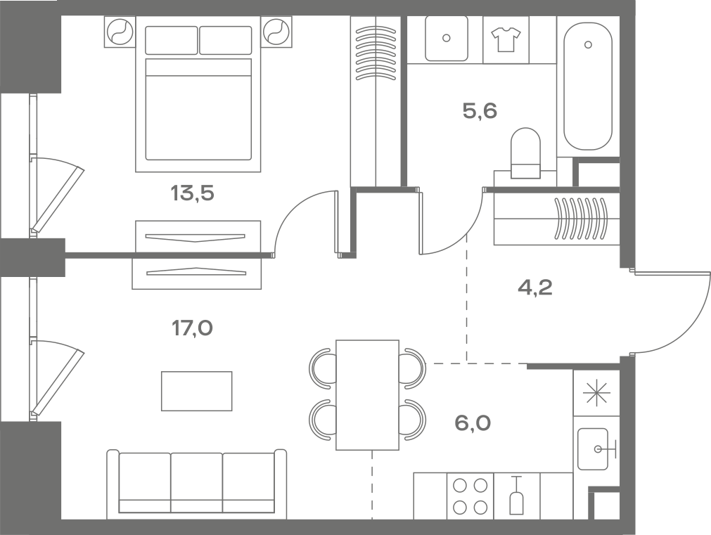 Планировка: 1-комнатная, 46,3 м²