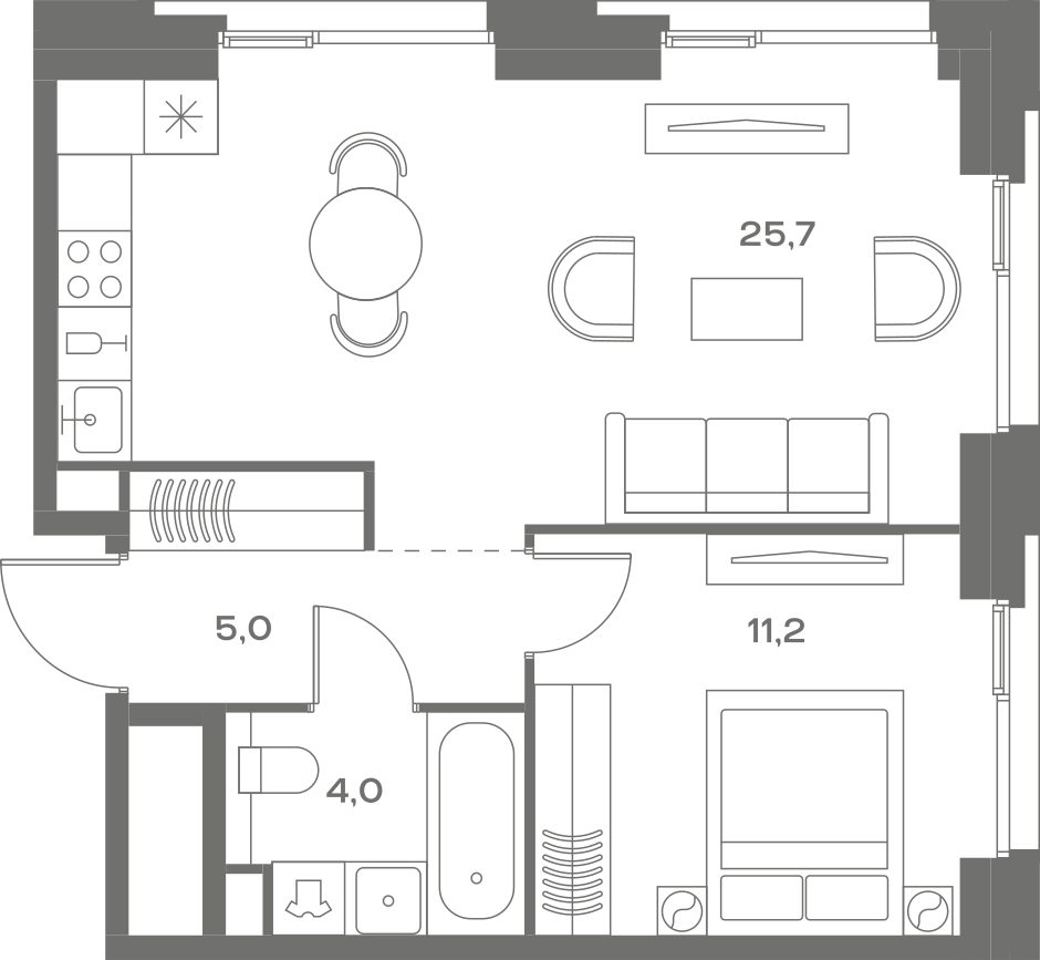 Планировка: 1-комнатная, 45,9 м²