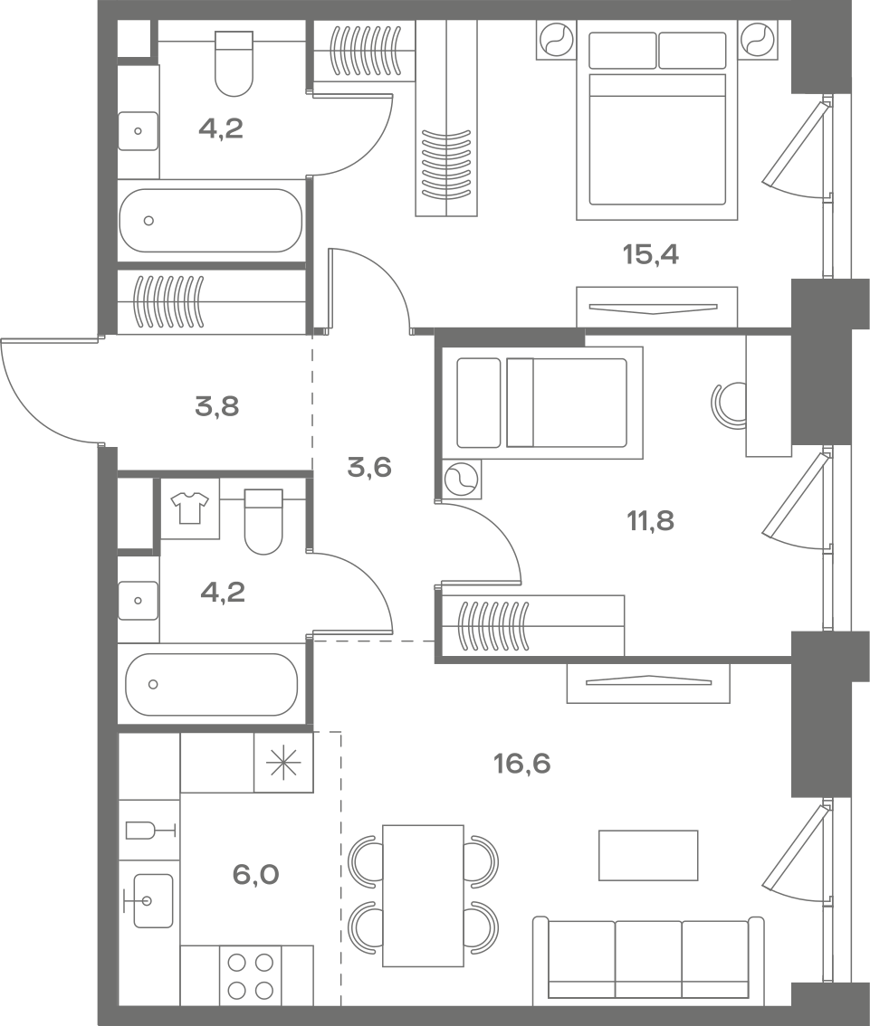 Планировка: 2-комнатная, 65,6 м²