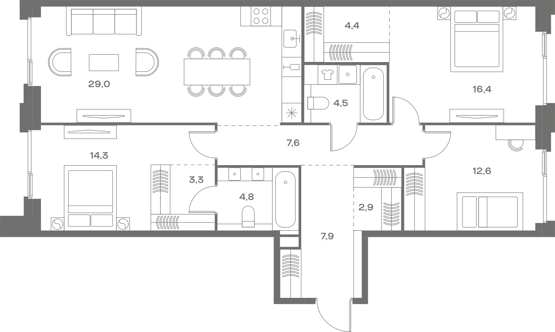 Планировка: 3-комнатная, 107,7 м²