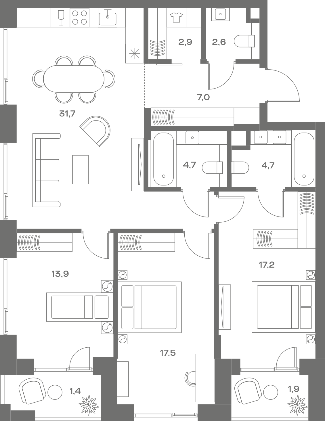 Планировка: 3-комнатная, 105,5 м²
