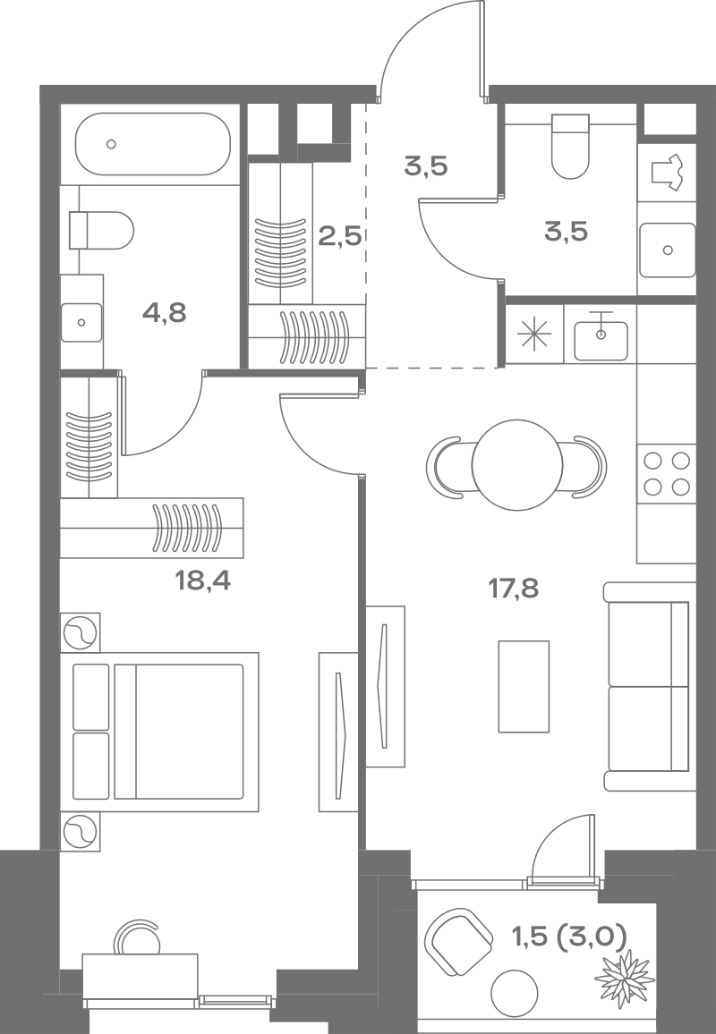Планировка: 1-комнатная, 52 м²