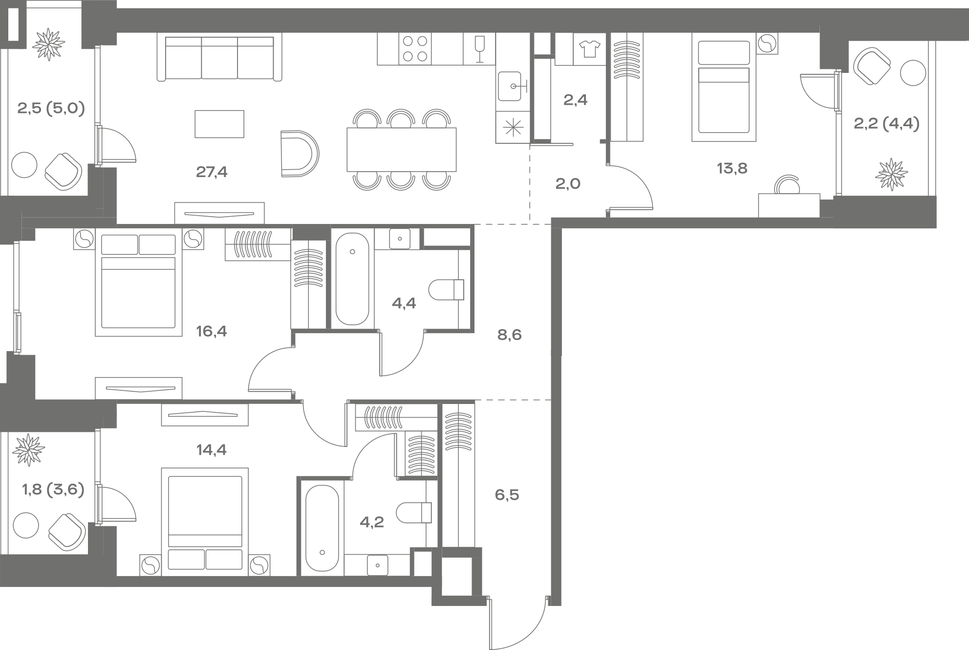 Планировка: 3-комнатная, 106,6 м²