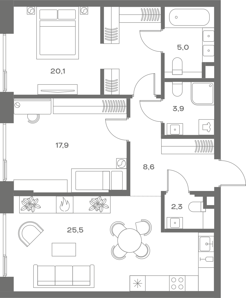 Планировка: 2-комнатная, 83,3 м²