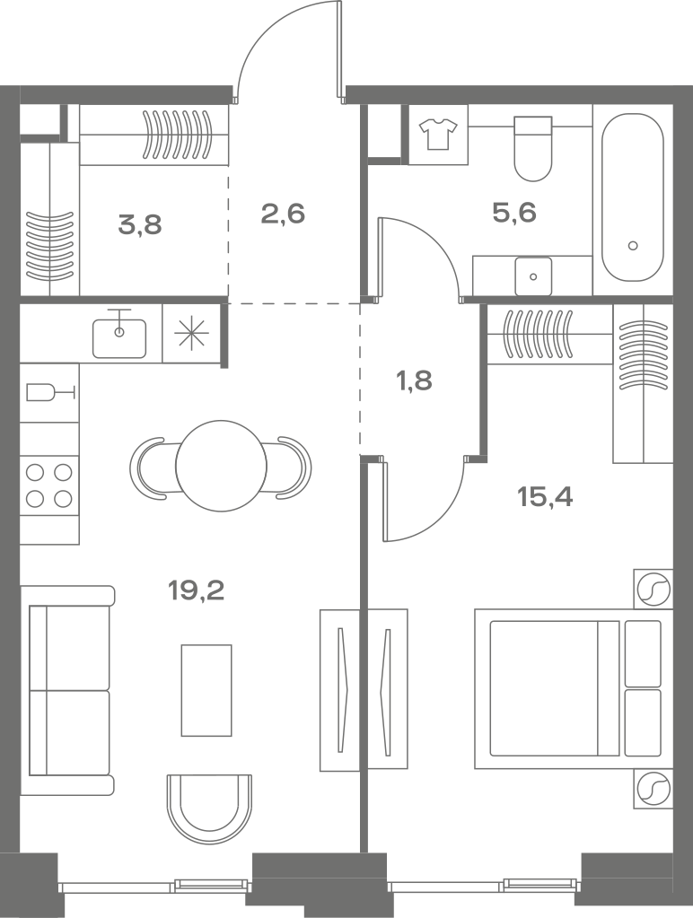 Планировка: 1-комнатная, 48,4 м²