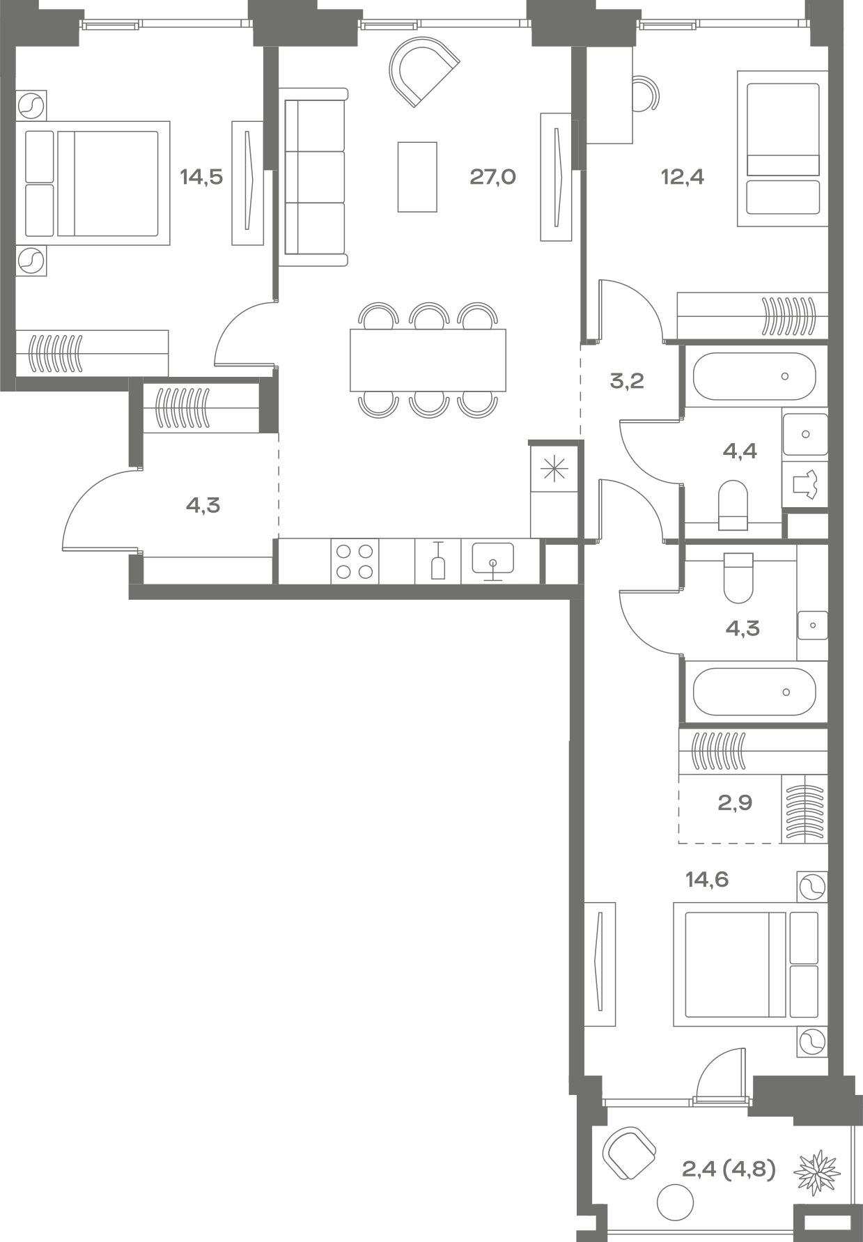 Планировка: 3-комнатная, 90 м²