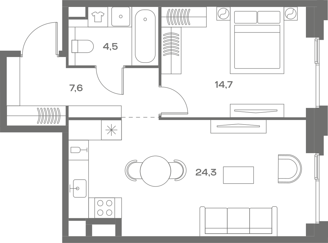Планировка: 1-комнатная, 51,1 м²