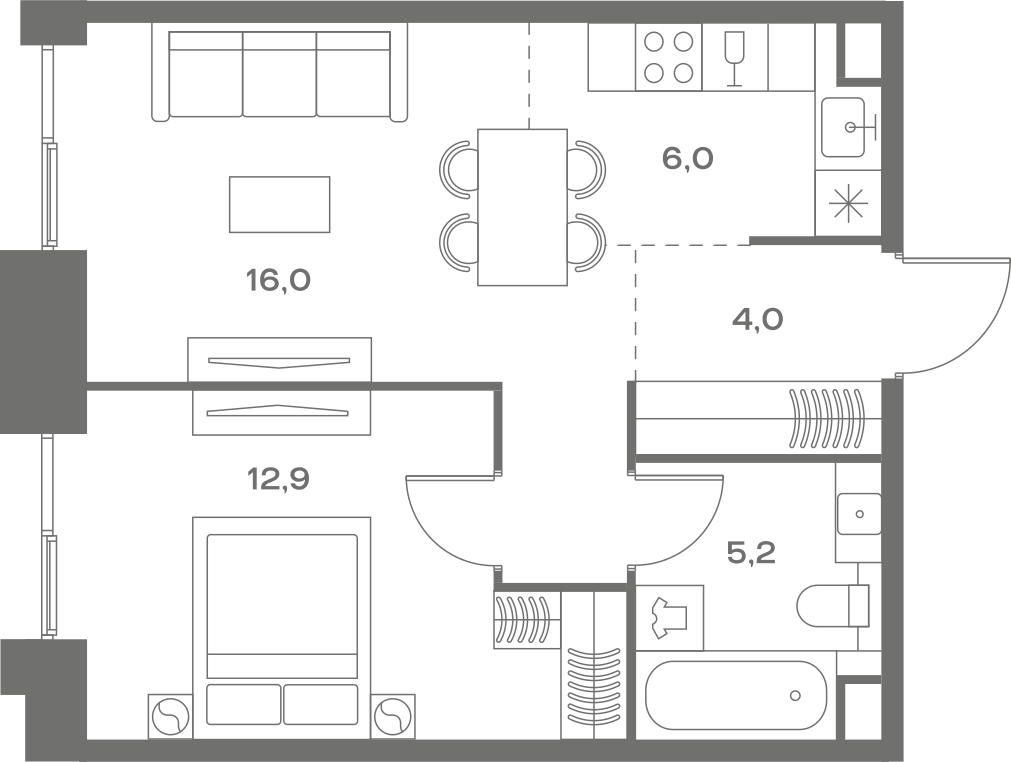 Планировка: 1-комнатная, 44,1 м²