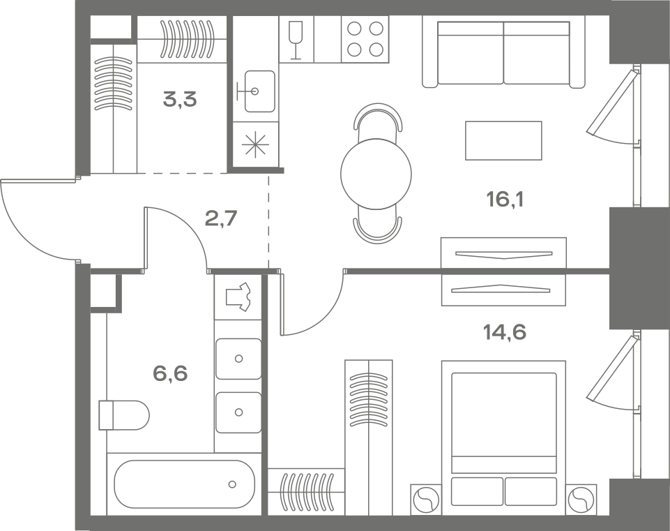 Планировка: 1-комнатная, 43,3 м²