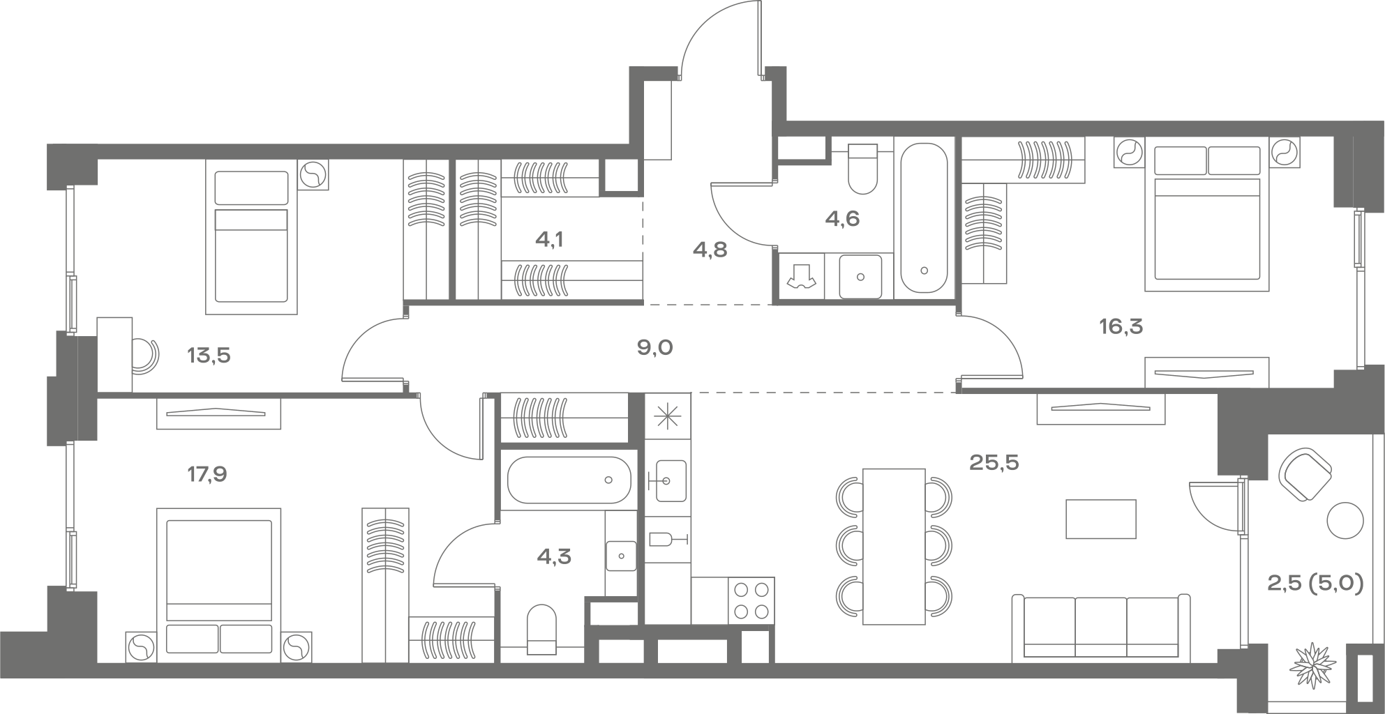 Планировка: 3-комнатная, 102,5 м²