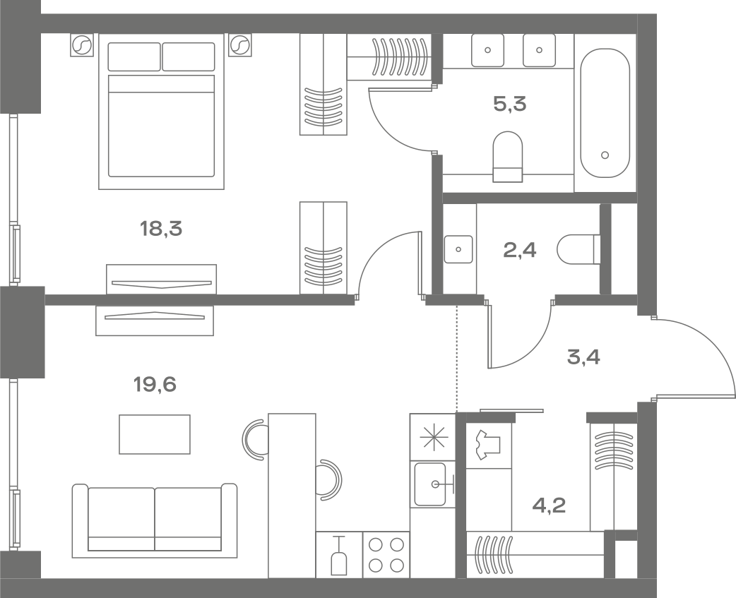 Планировка: 1-комнатная, 53,2 м²