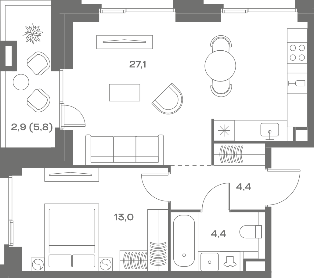 Планировка: 1-комнатная, 51,8 м²