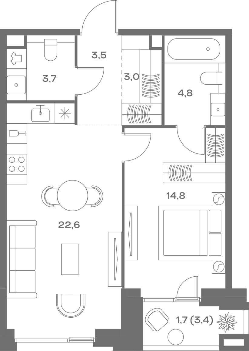 Планировка: 1-комнатная, 54,1 м²