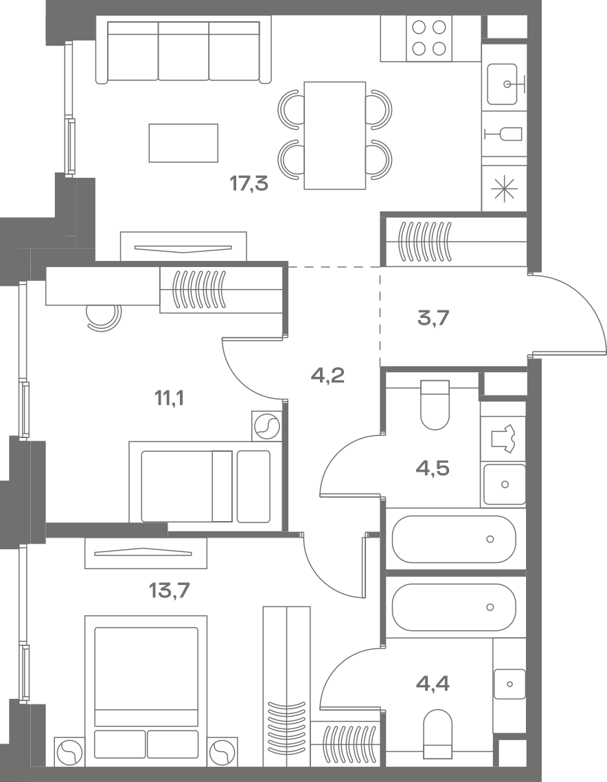 Планировка: 2-комнатная, 58,9 м²