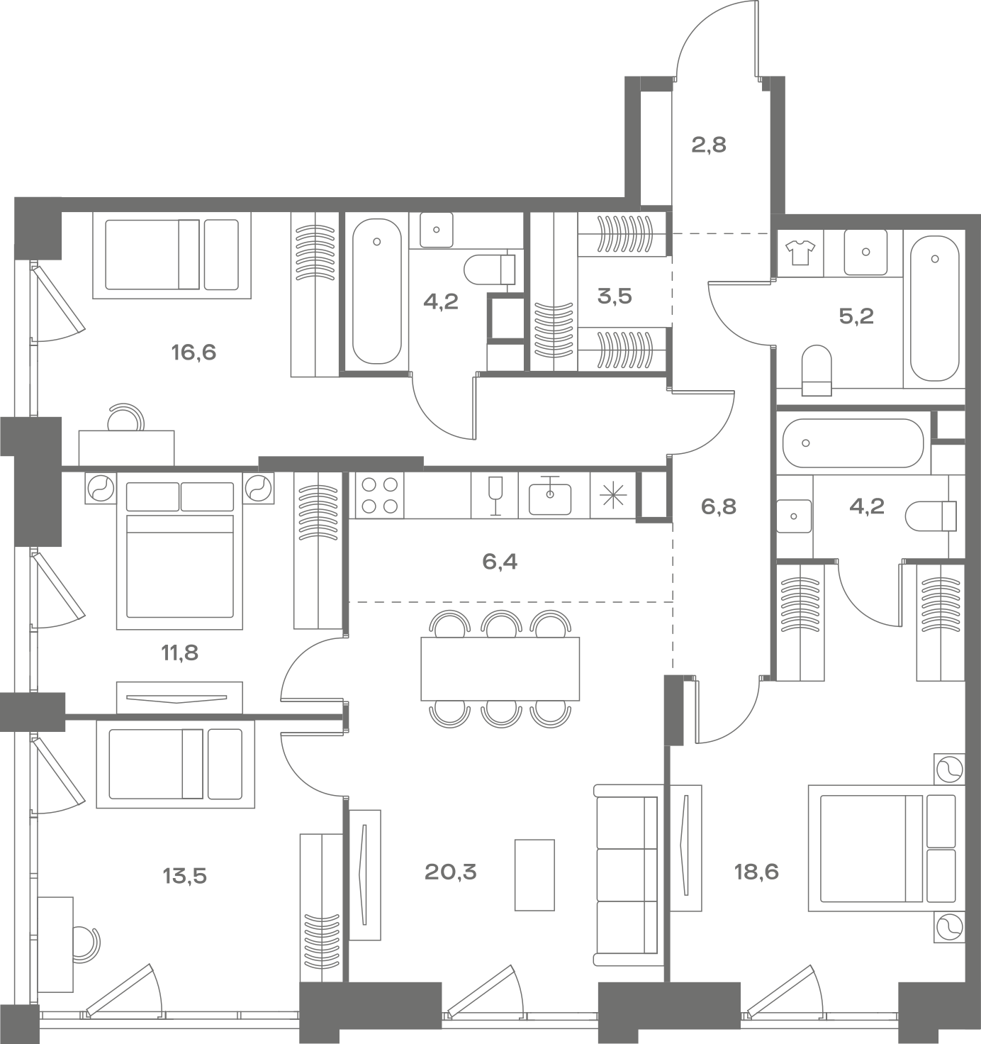 Планировка: 4-комнатная, 113,9 м²