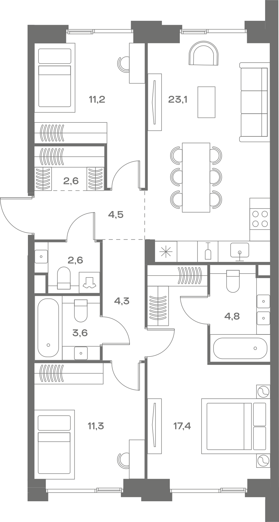 Планировка: 3-комнатная, 85,4 м²