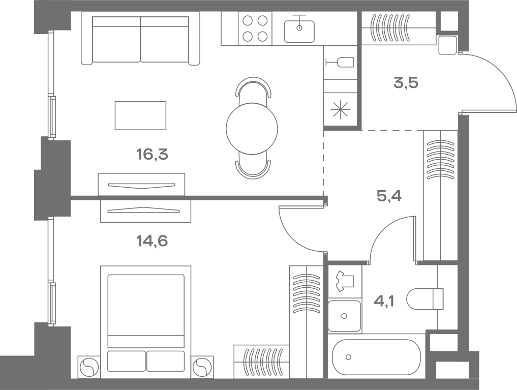 Планировка: 1-комнатная, 43,9 м²